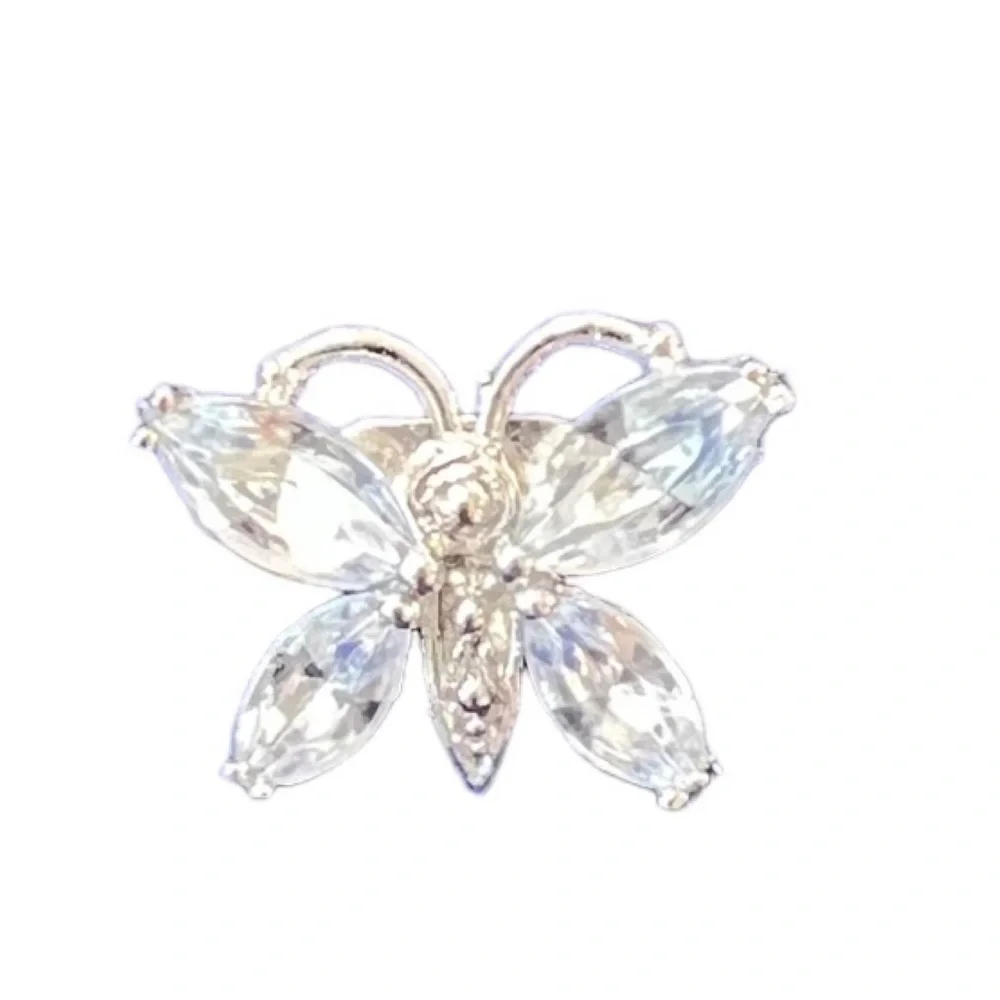 Vintage Butterfly Brooch Clear Glass Gemstone Pin SilverTone Moth Pin Estate